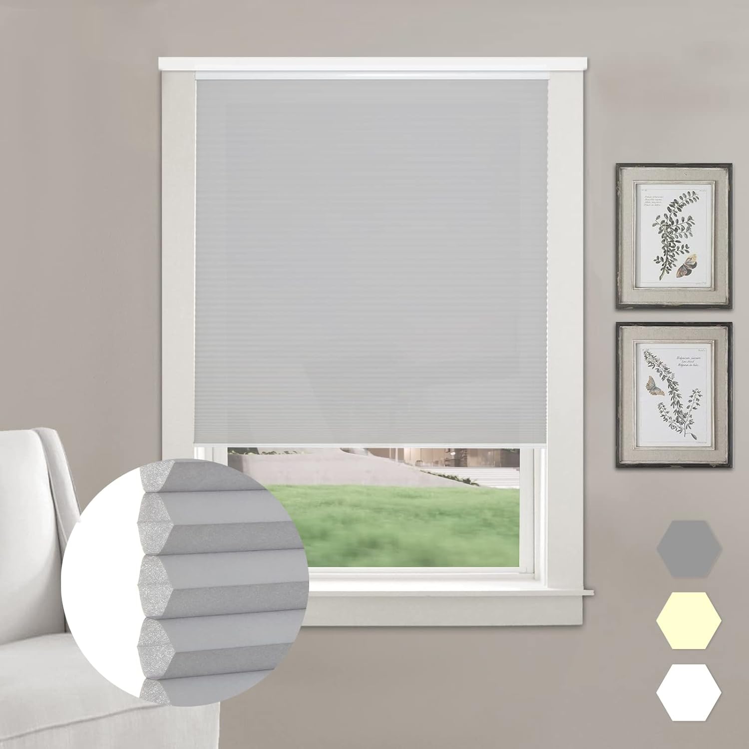 Persilux Persianas celulares plisadas con filtro de luz para ventanas (gris nublado, 47 x 64 pulgadas), persianas enrollables sin cordón, para