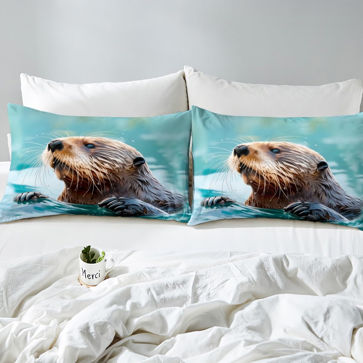 Juego de ropa de cama con diseño de nutria marina, funda de edredón para niños, niñas, temática de la vida marina, colcha con 2 fundas de almohada, 3 piezas de ropa de cama Super King