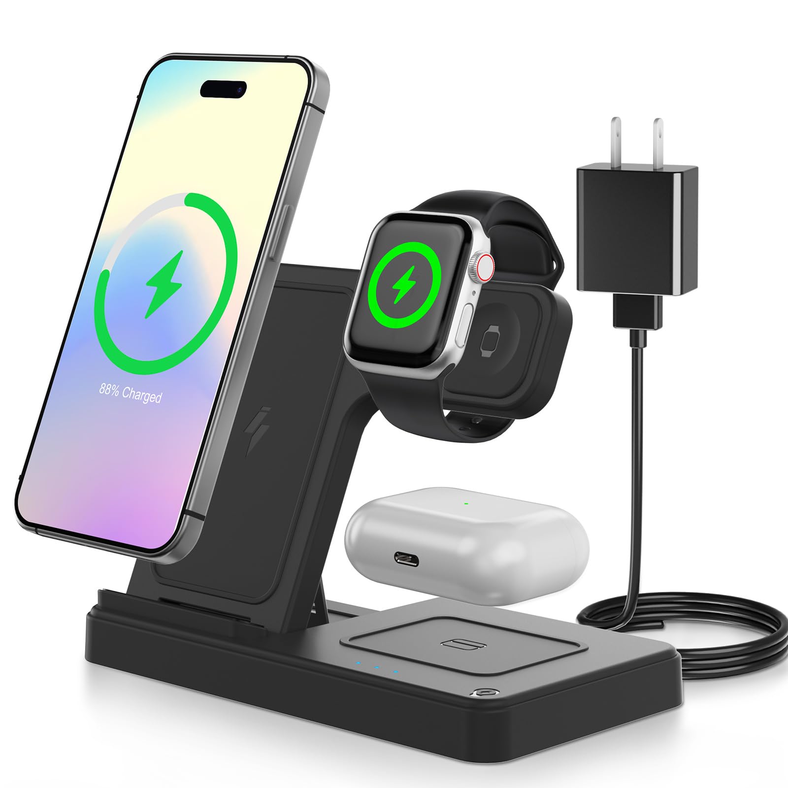 Stazione di ricarica wireless: per iPhone 16e 16 15 14 13 12 Series - AirPods Pro 4 3 2 - Apple Watch Ultra Se 9 8 7 6 5 4 3 2 - Supporto orizzontale 3 in 1 per ufficio camera da letto con indicatori