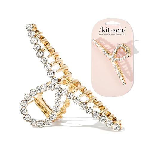 Kitsch Loop-Shaped Gold Rhinestone Claw Clip - Metal Claw Clips for Thick Hair | Gold Claw Clip & Rhinestone Hair Claw Clips for Women | Large Metal Hair Clips | Gold Rhinestone Hair Clips for Styling