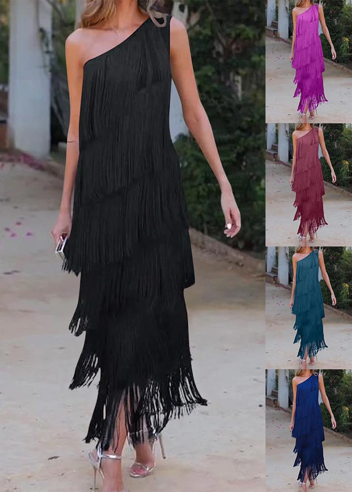 Onsoyours Abito Donna Frange Elegante Chic Vestiti Sexy Senza Maniche Vestito Lunghi A-Linea Asimmetrico Maxi Abiti Cocktail Sera Party Dress
