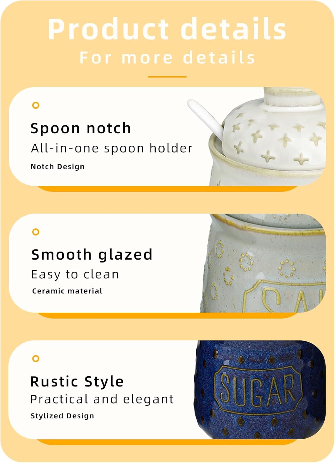 GDCZ 10 Oz Sugar Pepper and Salt Bowls with Lid and Spoon, Ceramics Seasoning Container, Seasoning Jar Spice Container for Kitchen,Dishwasher Safe, Set of 3 (Blue)