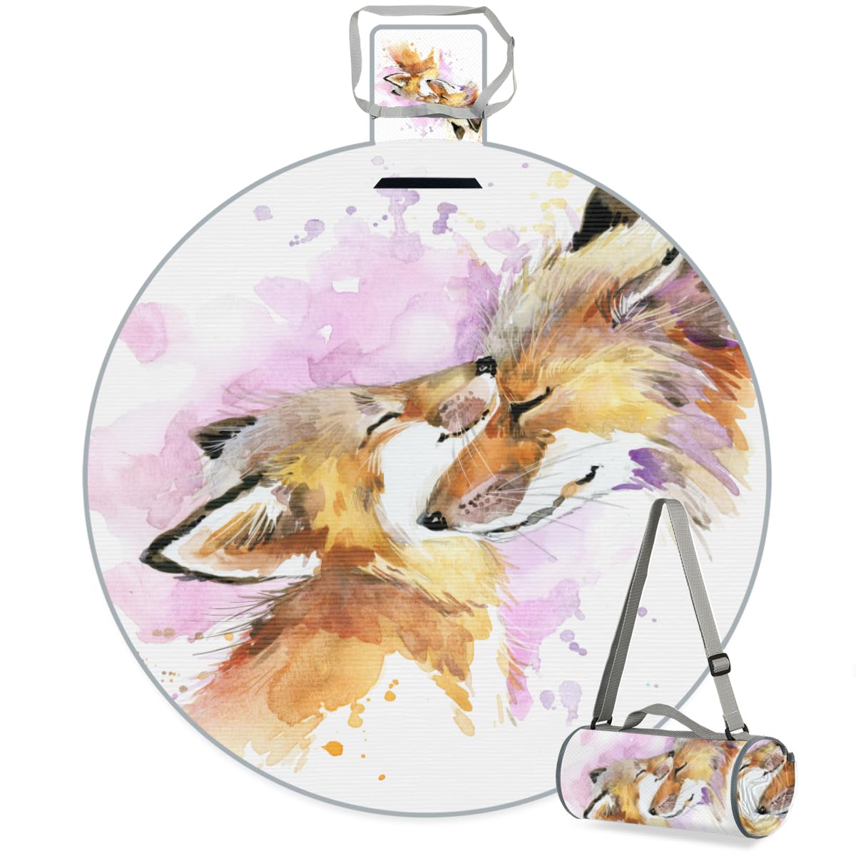 Shimoshe Watercolor Fox Picnic Outdoor Blanket Foldable Waterproof Sandproof Beach Blanket Portable Water-Resistant Round Picnic Mat for Travel Camping Park Lawn