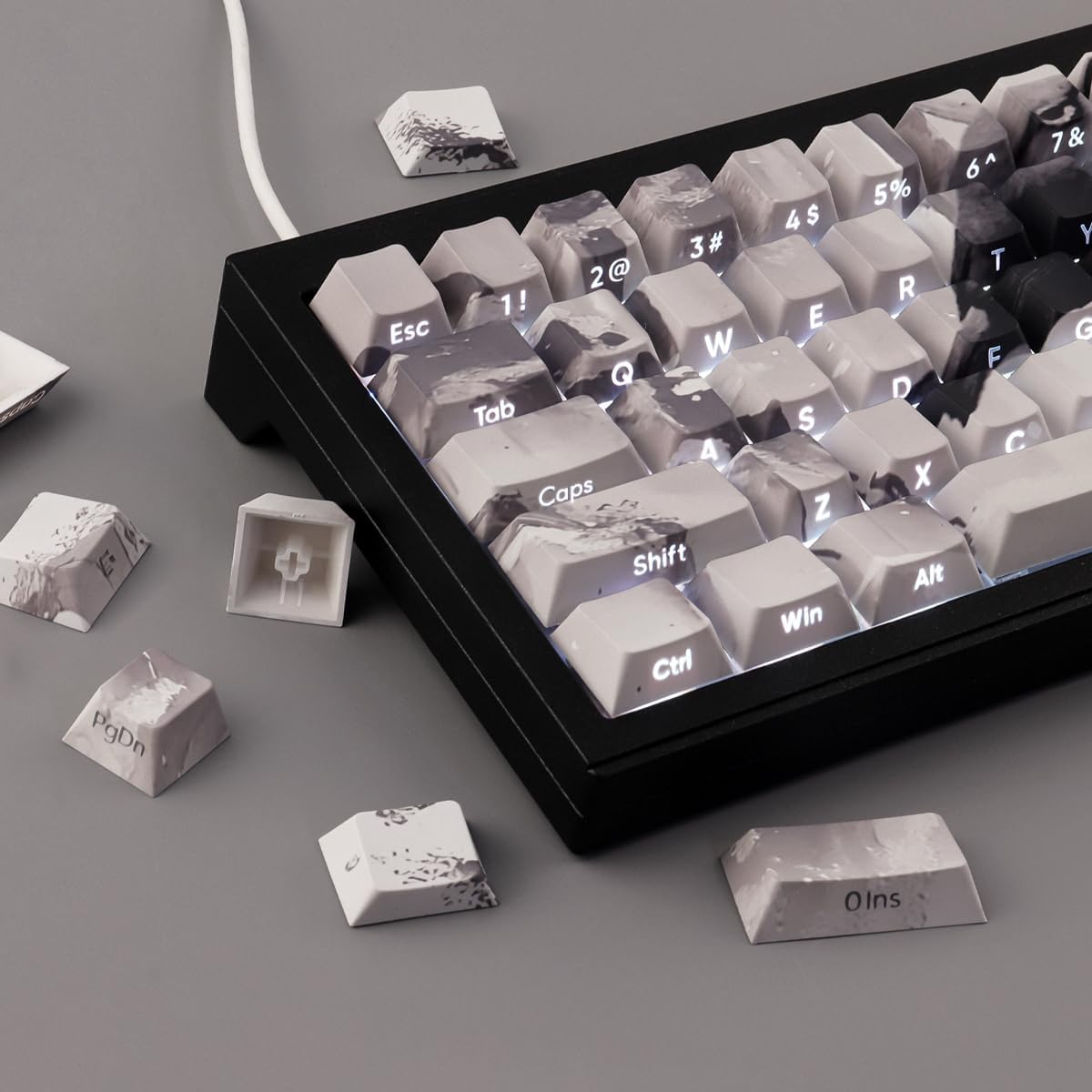 Tsungup PBT Side Print Keycaps,135 Keys Dye Sub Shine Through Keycap Set,Gray White Inked Bird Custom Key caps Cherry Profile Keycaps for Cherry MX Switches Mechanical Keyboards