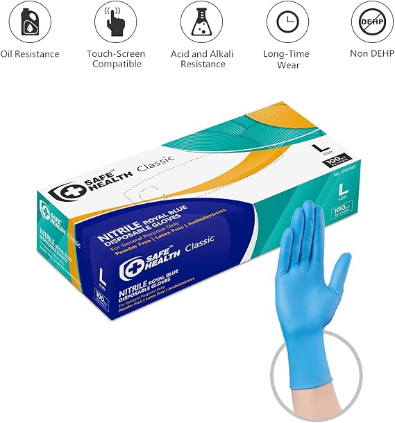 Safe Health Nitrile Disposable Gloves, Free of Latex & Powder, Blue, Textured, 3.5 Mil, Industrial, Food, Salon, Cleaning