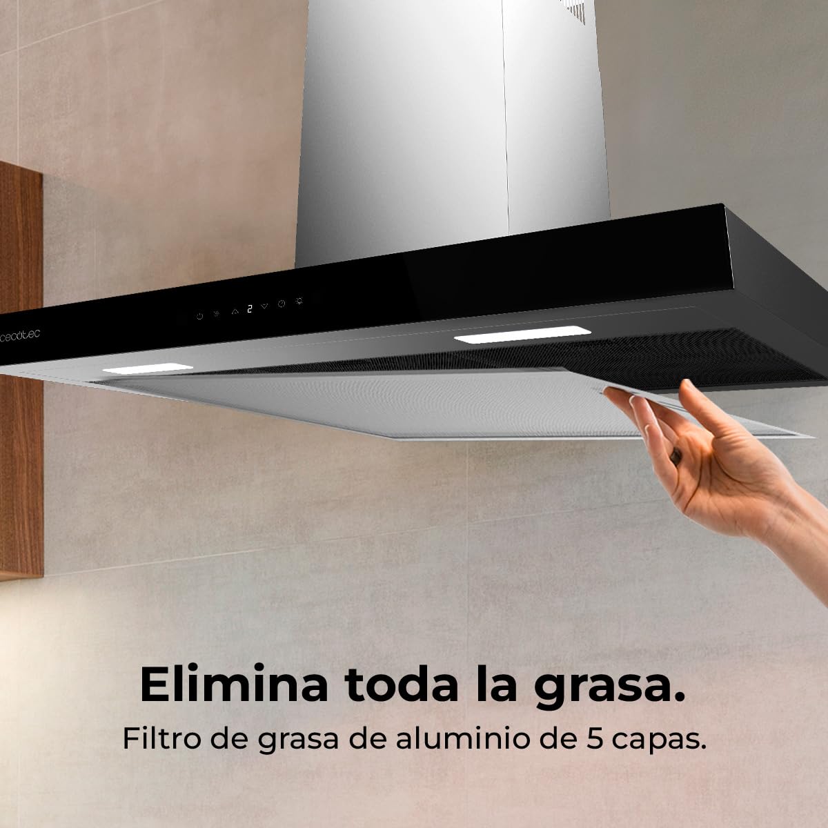 Cecotec Cappa Aspirante 90 cm Flux TT 905500 Glass Black A++. 70W, Finitura Frontale In Vetro Nero, Basso Consumo Energetico, Aspirazione 550M3/H, Touch Control, 3 Livelli, Luce Led, Filtro Carbone