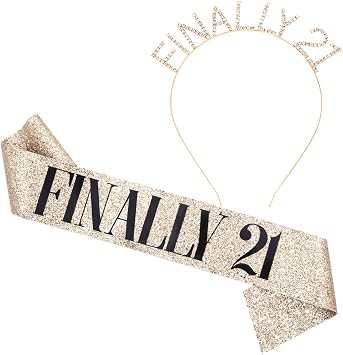 Finally 21 Sash & Rhinestone Headband Set - 21st Birthday Gifts Birthday Sash for Women Birthday Party Supplies Gold Glitter/Black