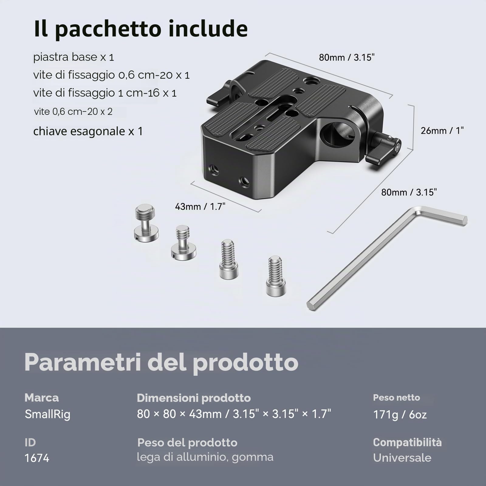 SMALLRIG Piastra di base per fotocamera con morsetto per guida asta LWS da 15 mm, piastra di base per Sony A6500 A6600 A6300, per Canon R5 R6, per Sony A7SIII / A7III, per fotocamere - 1674