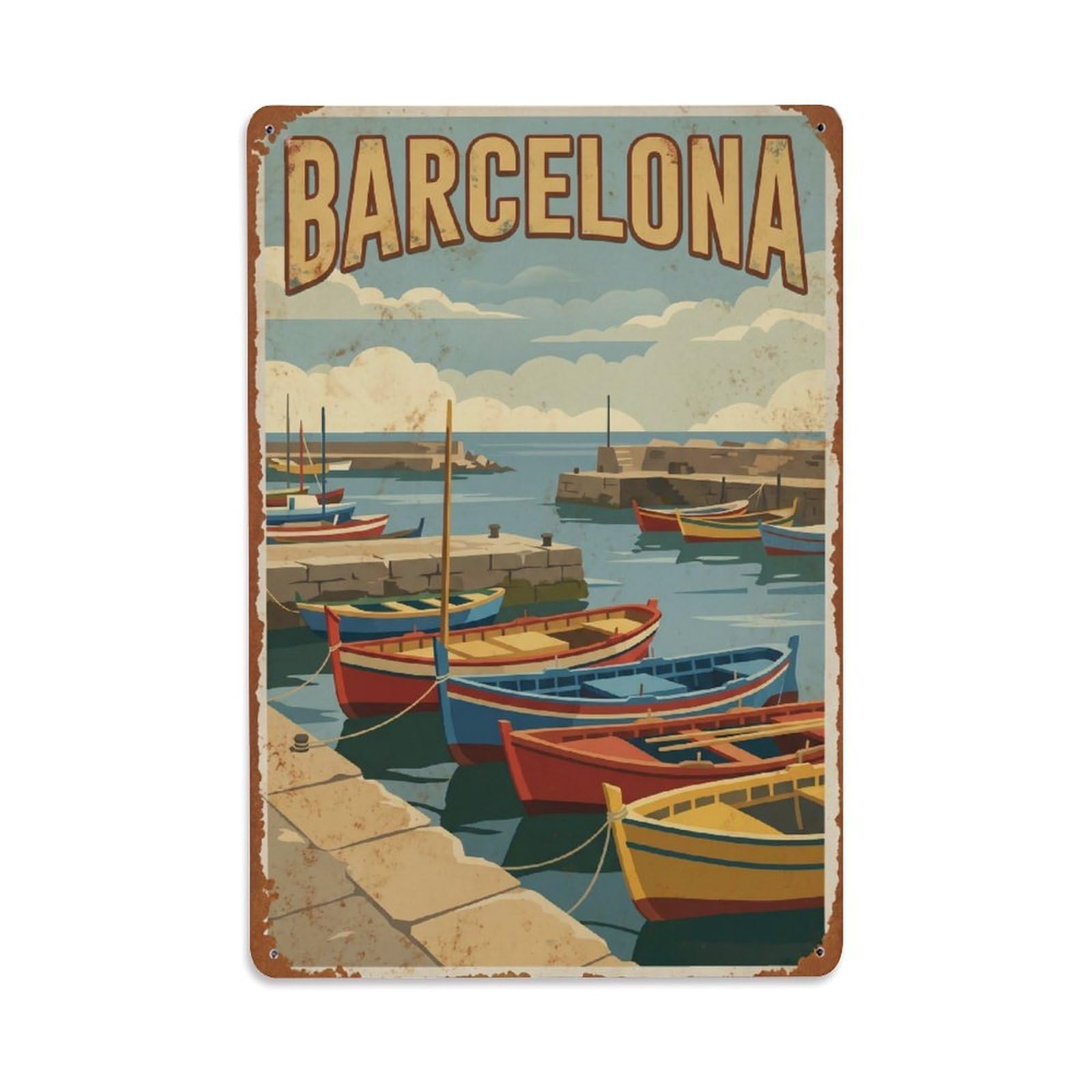 Vintage Travel Harbors Spain Fishing Metal Tin Sign