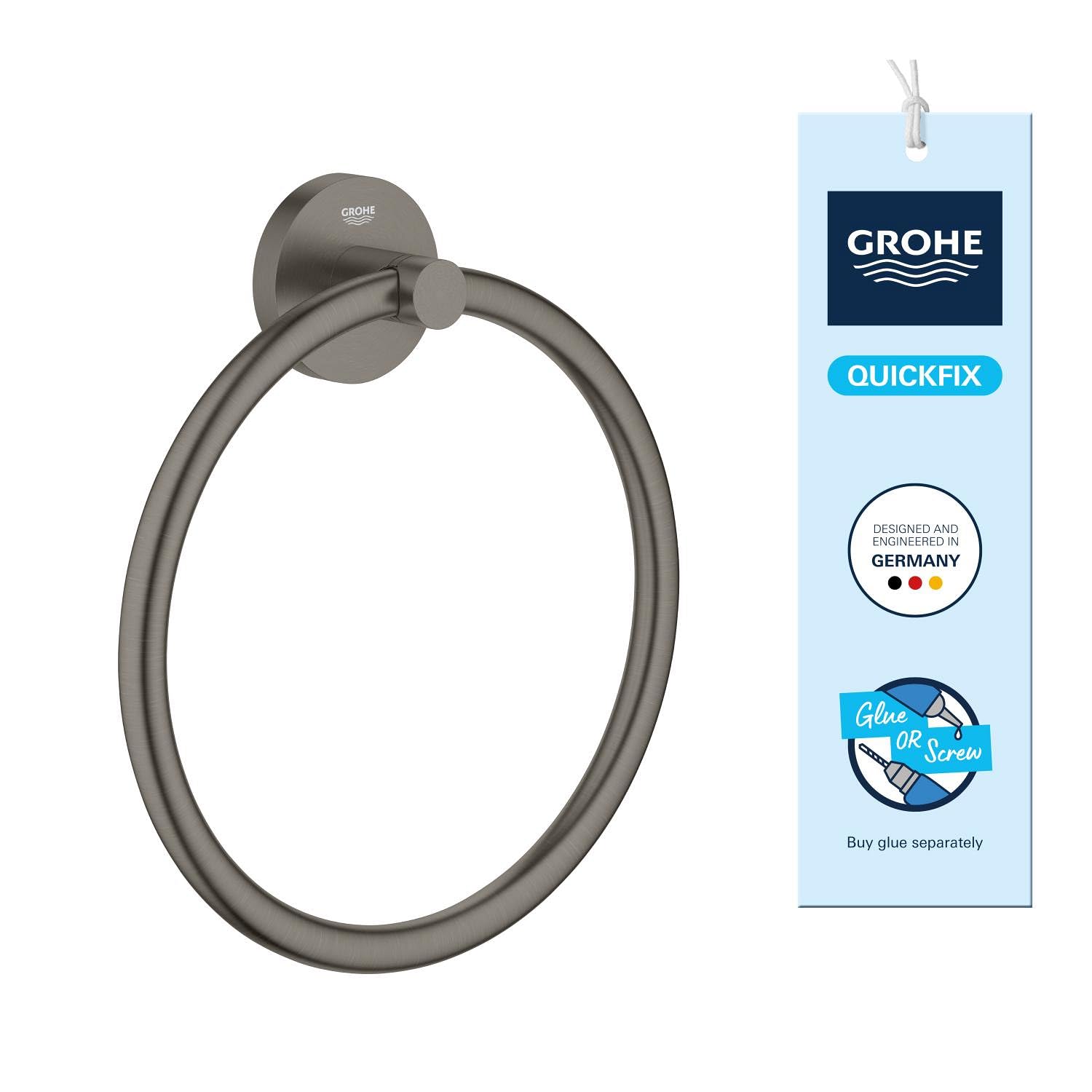 GROHE Start Towel Ring (Metal, Concealed Fastening, Including Screws and Dowels), Size 200 mm, Anthracite Brushed Hard Graphite, 41174AL0