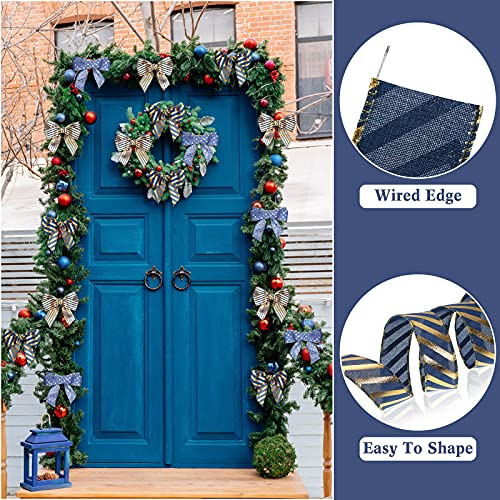 Ruban lin fin fil de fer 3.8cm bleu et doré pour décoration de fête | Lot de 3 rouleaux - 5