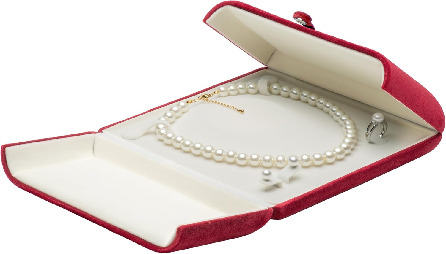 Velvet Big Pearl Necklace and Ring Earring Pendant Gift Box Jewelry Storage Case (Red)