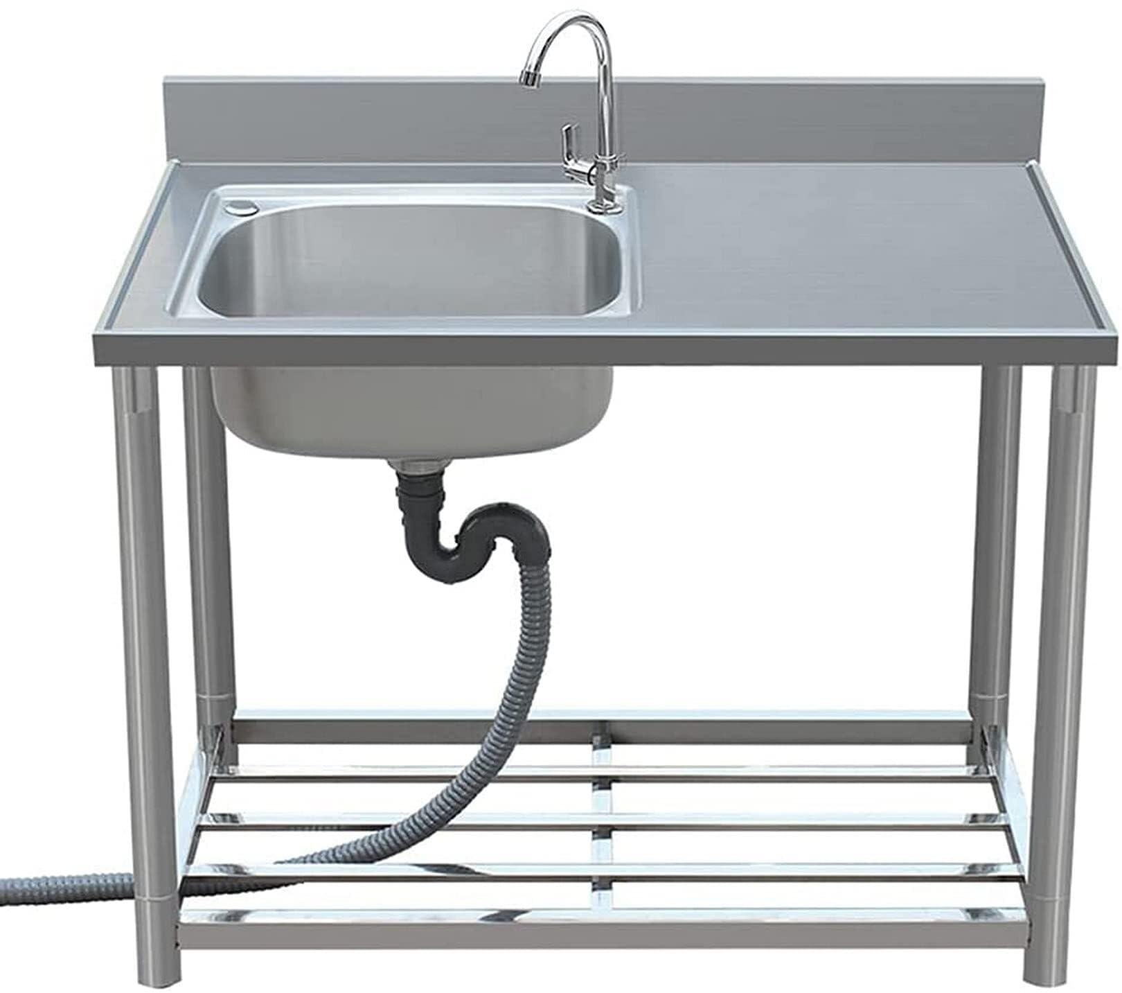 WBJGUOD Commercial Stainless Steel Single Bowl Sink with Movable Stand - Ideal for Kitchen, Bar, and Outdoor Use(Single Cold Faucet,120cm)