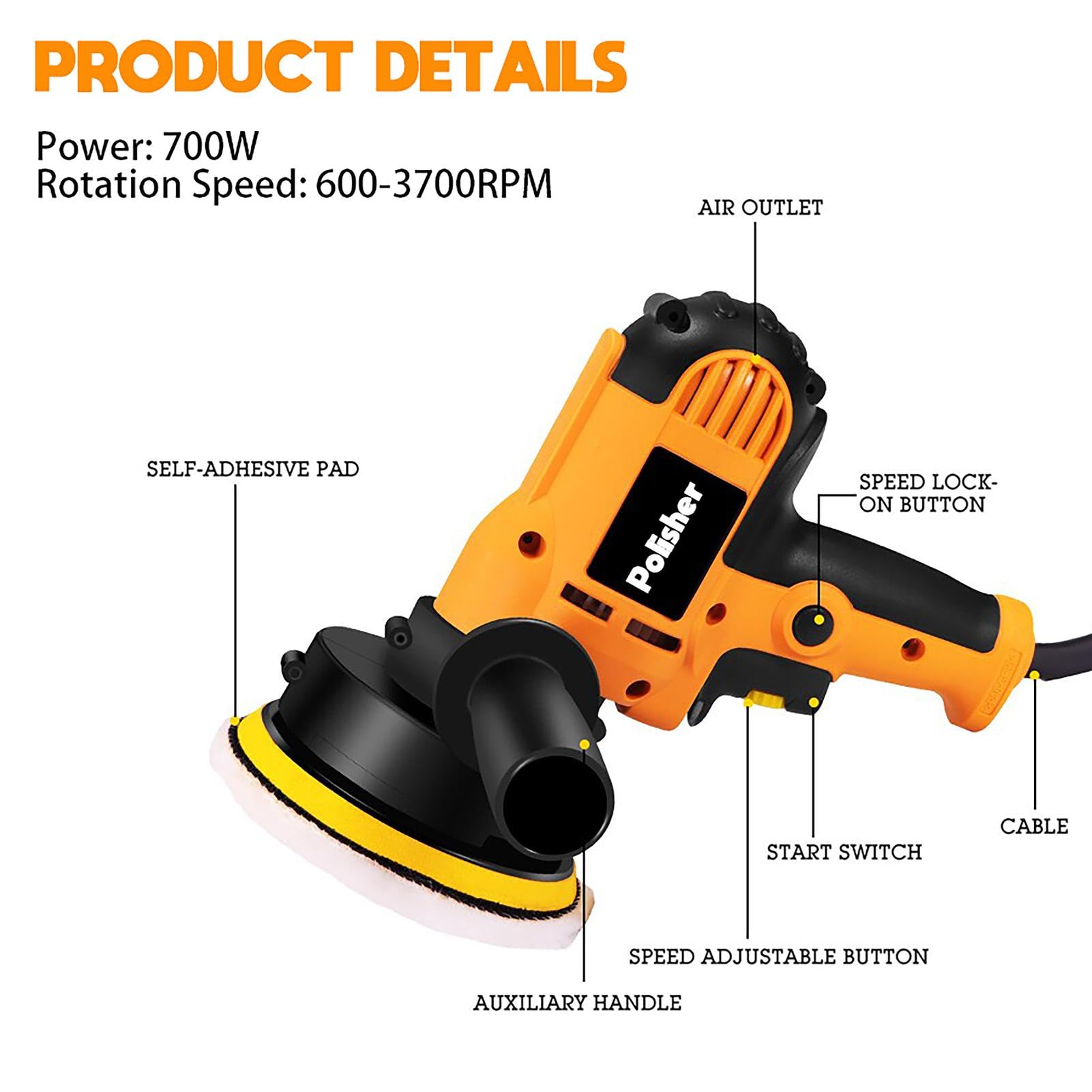 Lucidatrice per auto da 700W, set di 31 lucidatrici eccentriche, lucidatrice orbitale per auto da 13 cm con 3 velocità variabili, per detailing auto, lucidatura, ceratura, rimozione graffi da vernice