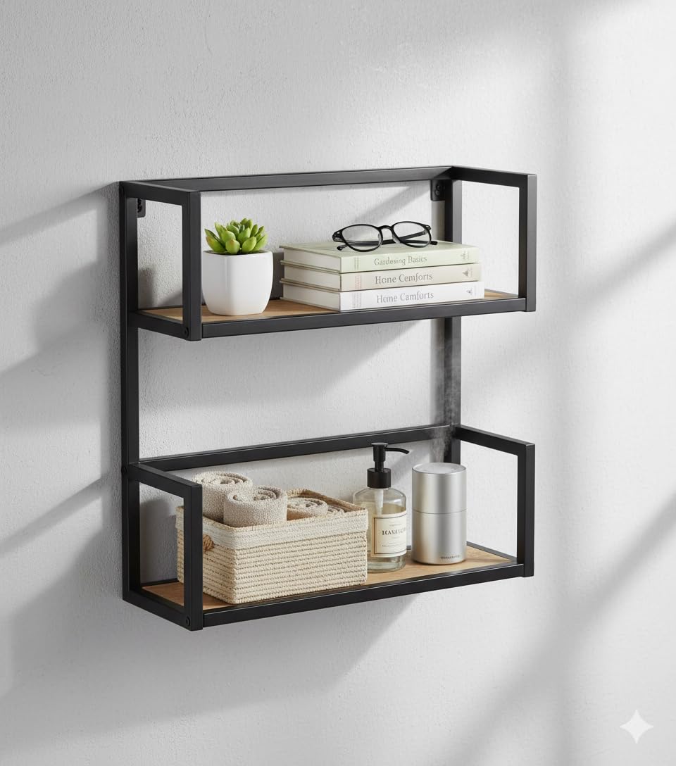 46treeform treeform industrial wall shelf, 2-tier rustic floating shelves with black metal frame, solid mango wood wall mounted bookcase for living room, kitchen, bathroom, office (60x60x20 cm)