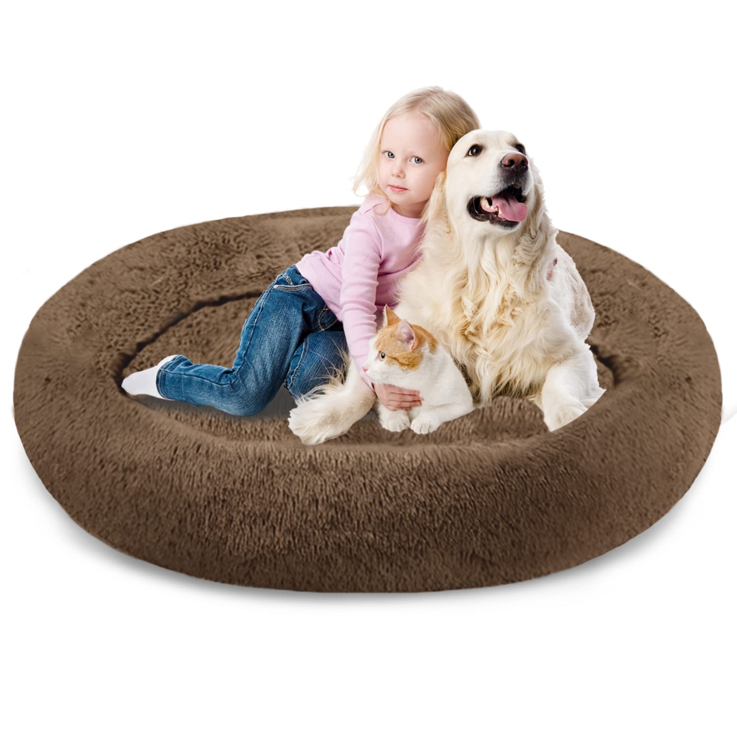 SAVFOX Plush Calming Dog Beds, Donut Dog Bed for Small Dogs, Medium, Large & X-Large, Comfy Cuddler Dog Bed and Cat Bed in Faux Fur, Washable Dog Bed, Multiple Sizes XS-XXL