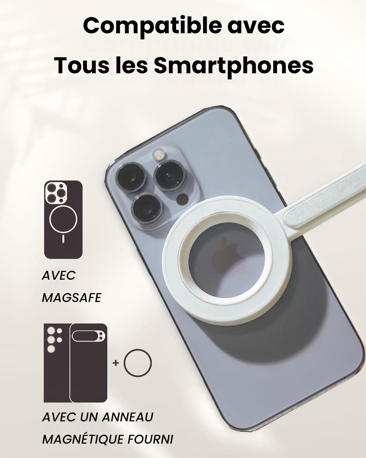 KraftGeek 163cm Trépied Smartphone Compatible avec MagSafe, Perche à Selfie Magnétique avec Télécommande pour iPhone, Trépied Téléphone Portable avec Anneau Métallique pour Samsung/Android, Blanc