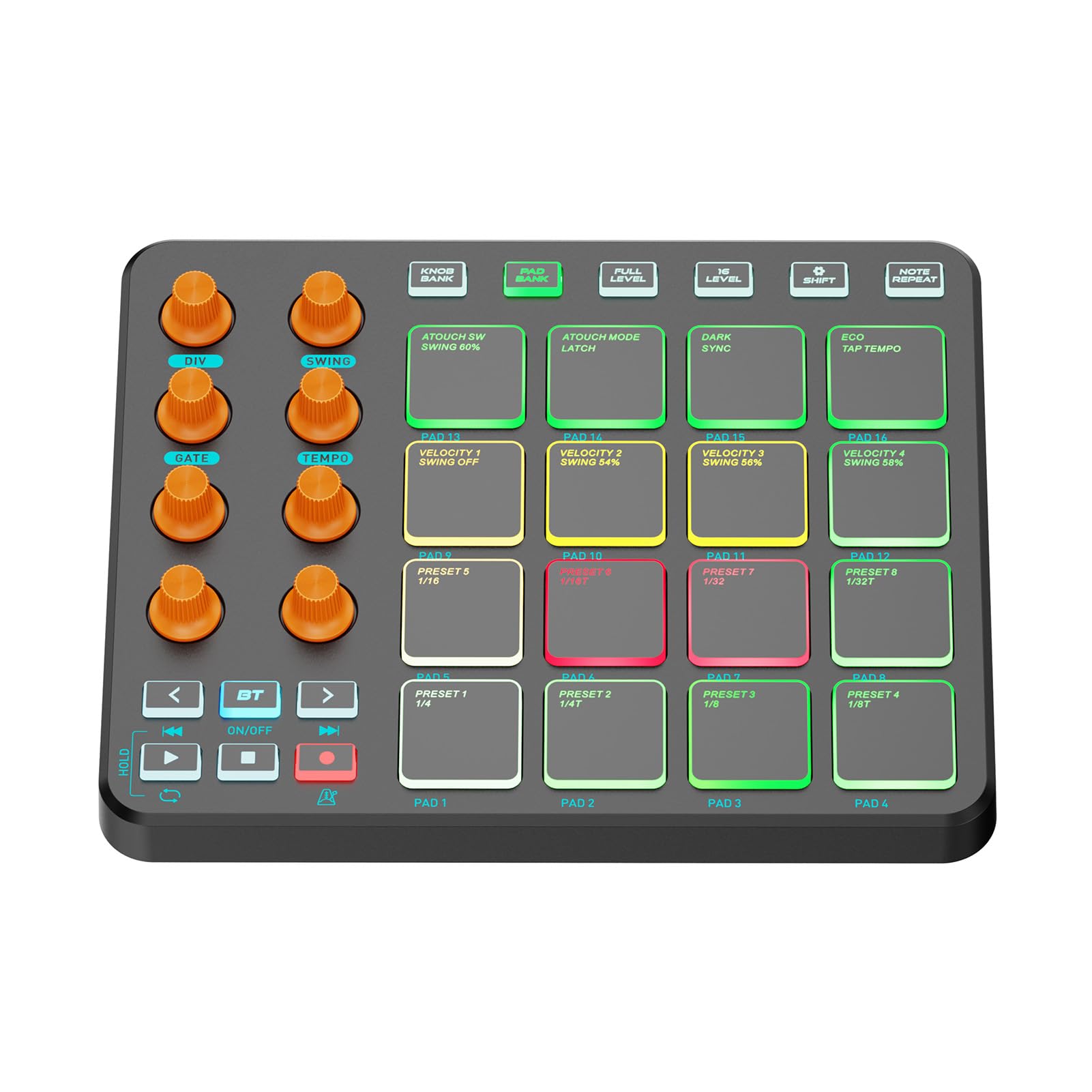 Btuty Customizable RGB MIDI Pad, Wireless MIDI Keyboard 16 RGB Pads 6 Buttons 8 Knobs Rechargeable PC Mobile App Supporting for Beginners, mit Kabelfreiem Keyboard, 16 Pads (Schwarz)