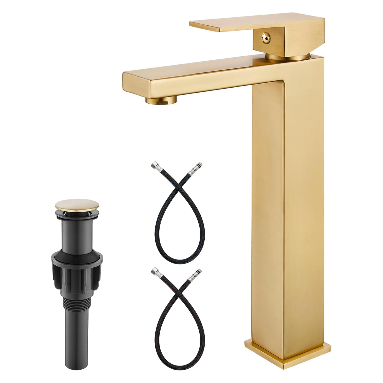 Hcfyauis Brushed Gold Bathroom Vessel Sink Faucet Restroom Faucet Single Handle Basin Bowl Tap Sus304 Stainless Steel Tall Body 1 Hole Lavatory Vanity Mixer Bar Tap, With Drain,