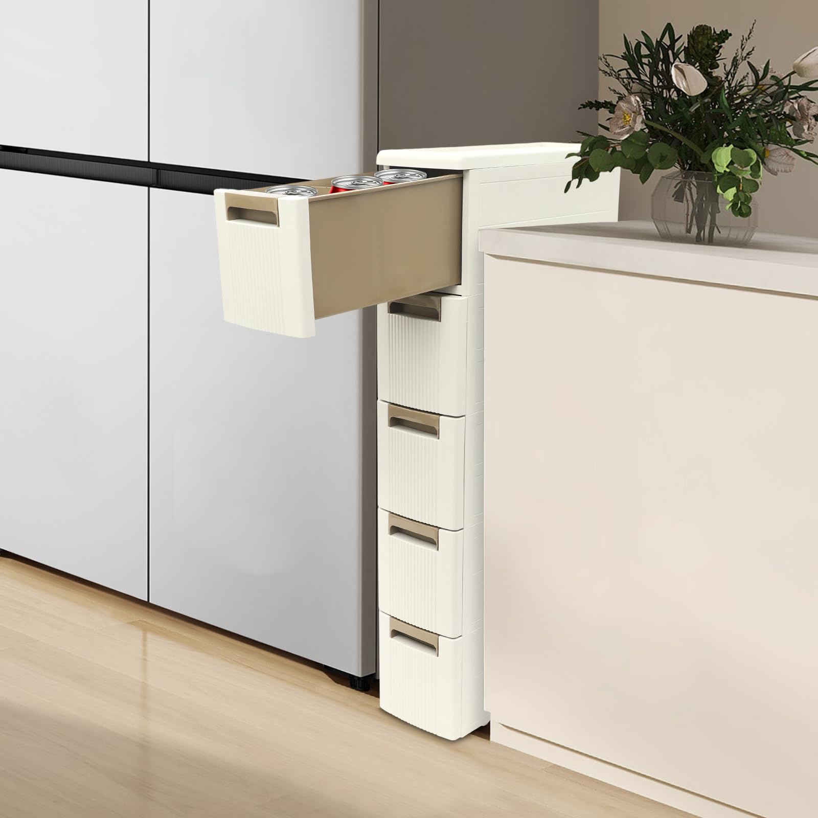 Mueble de almacenamiento estrecho de 5 niveles, mueble de baño de PP, estante con ruedas para espacios pequeños, carro rodante con 5 cajones, 18 × 45 × 100 cm