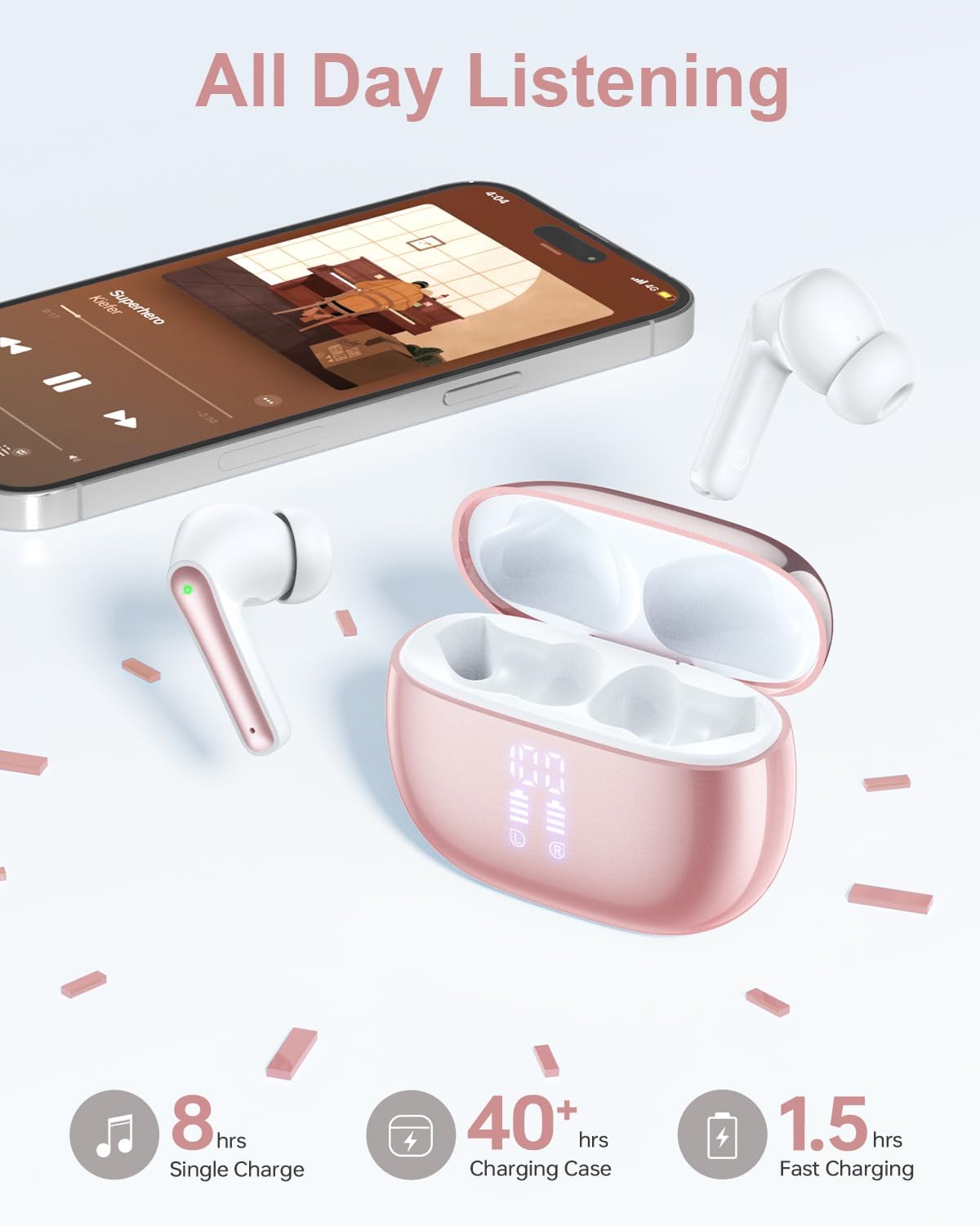 YAQ T12 Wireless Earbuds and charging case with a phone showing battery life