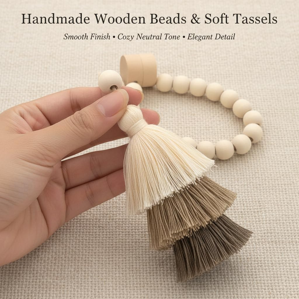 2 Pack Magnetic Curtain Tiebacks with Tassel, Handmade Wooden Bead Curtain Holdbacks, Simple Elegant Drapery Tie Backs for Bedroom Living Room Nursery, Coffee Brown