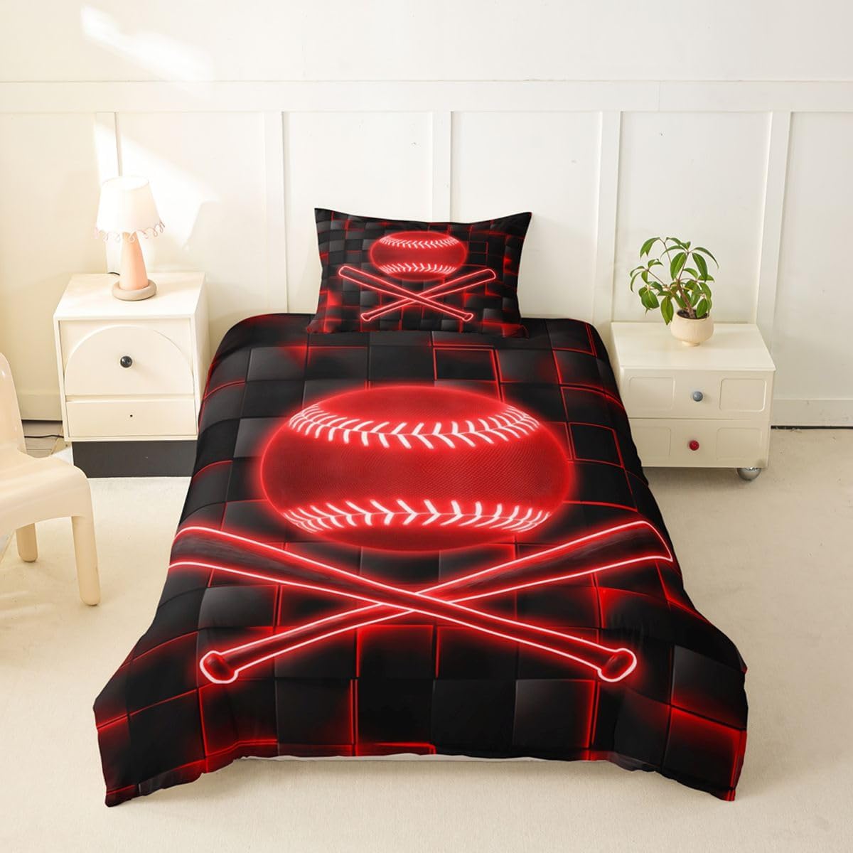 Feelyou Red and Black Duvet Cover Toddler Size Baseball Comforter Cover for Boys Girls Geometric Bedding Set 2Pcs Sports Game Room Decor Baseball Gaming