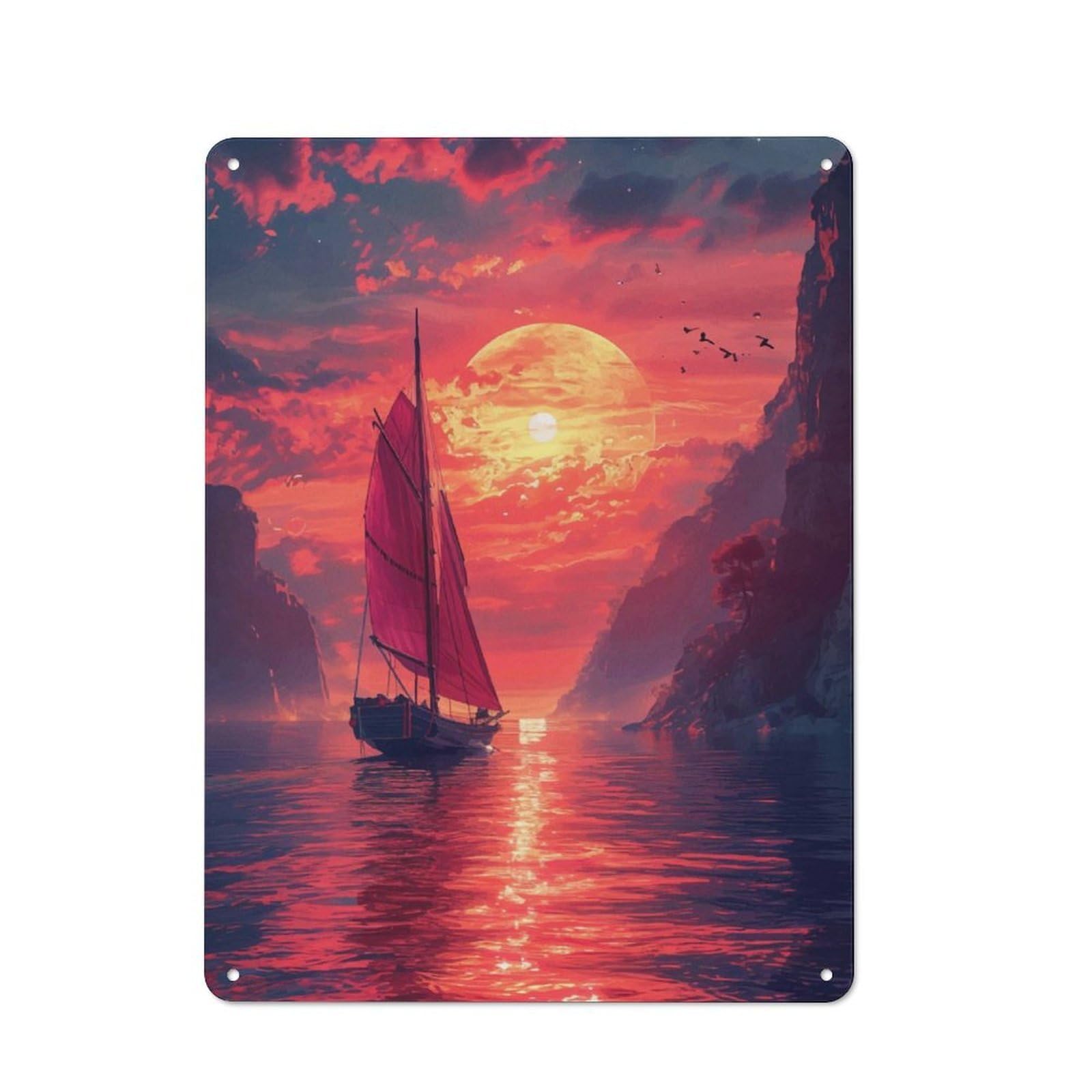 Junmoney Sailboat In A Sunset Metal Wall Sign 40X30cm Featuring For Bar Or Restaurant, For Restaurant Interior Fans