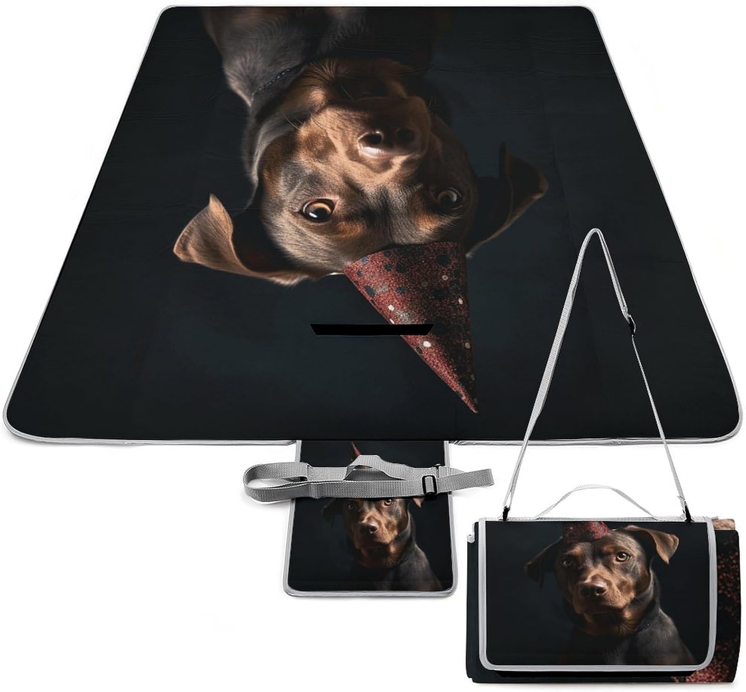 Outdoor Picnic Blanket Extra Large Beach Blanket Waterproof Picnic Mat Dog Wearing Party Hat Camping Blanket Portable with Carry Strap Park Blanket for Grass Camping Park