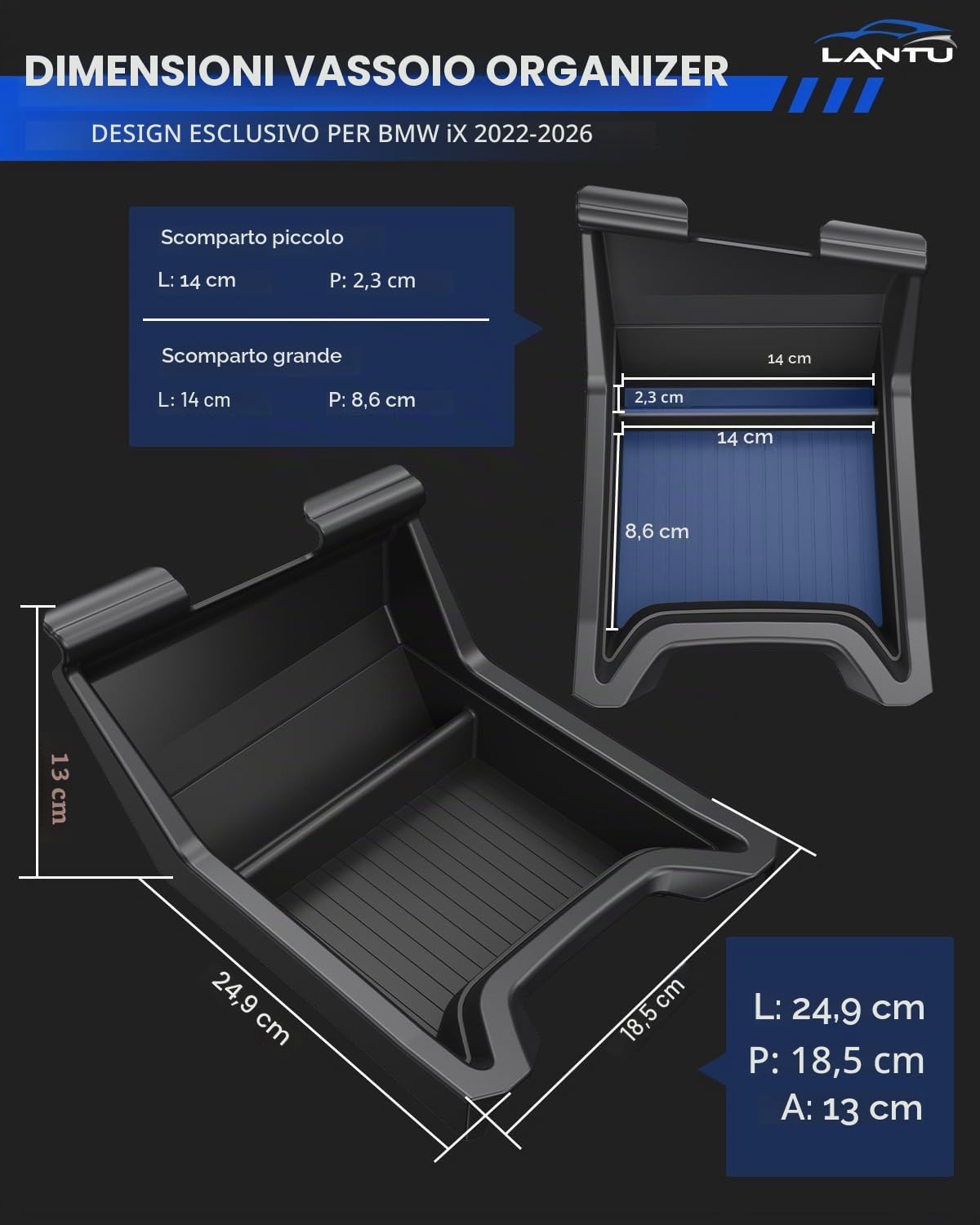 Vassoio Organizzatore per Console Centrale per BMW IX 2022-2026, Scatola Portaoggetti con Anti-Slip Silicone Liquido, Accessorio BMW IX, Design Brevettato (Superiore)