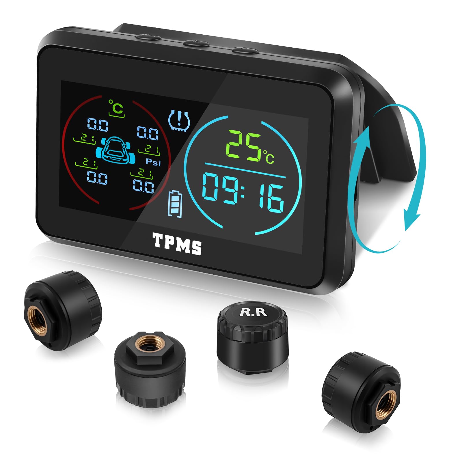 KAOLALI TPMS Sistema de monitoreo de presión de neumáticos, TPMS de visualización de Tiempo y Temperatura, Carga Solar y función de Carga USB, con 4 sensores externos de presión de neumáticos para RV