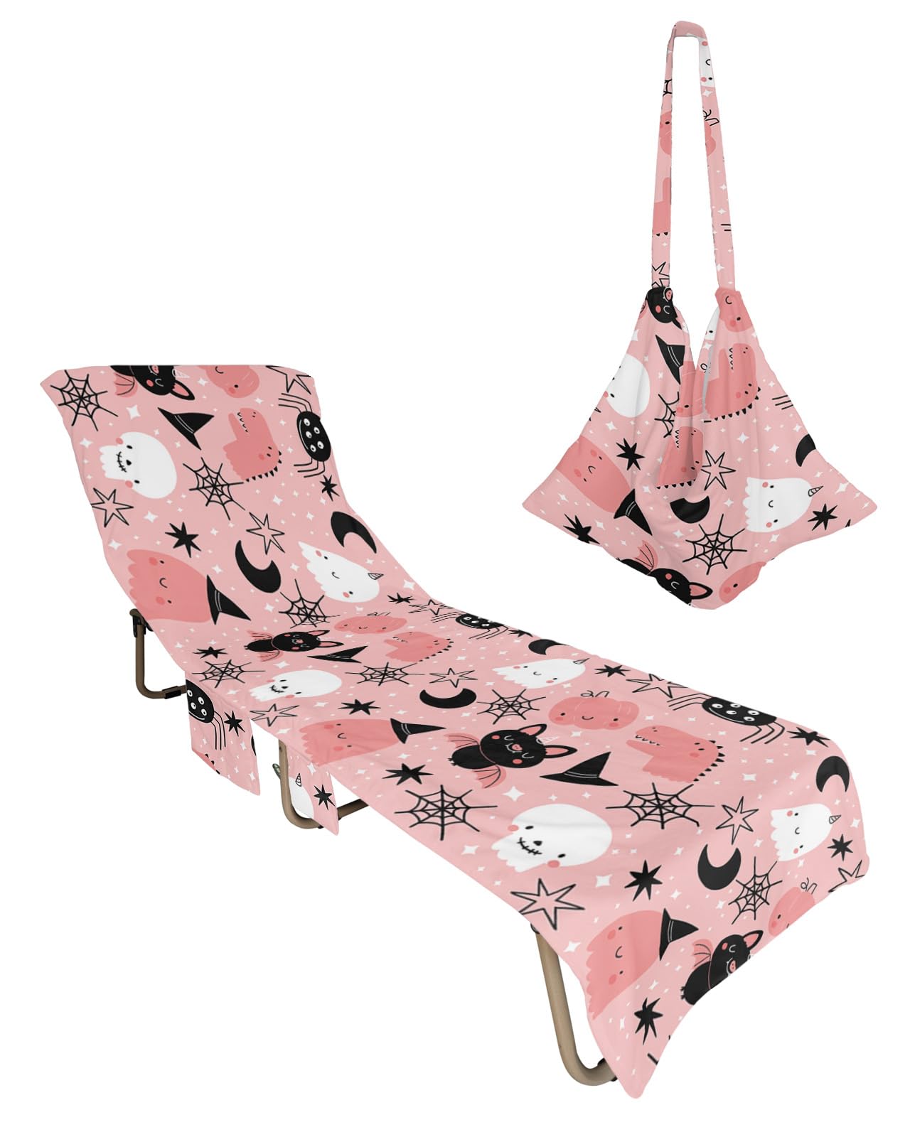 Halloween Beach Chair Towel Covers for Chaise Lounge with Side Pocket, Soft Plush Pool Towels Cover for Patio Sunbathing Outdoor 29''x85'' Cartoon Blush Pink Ghost Pumpkin