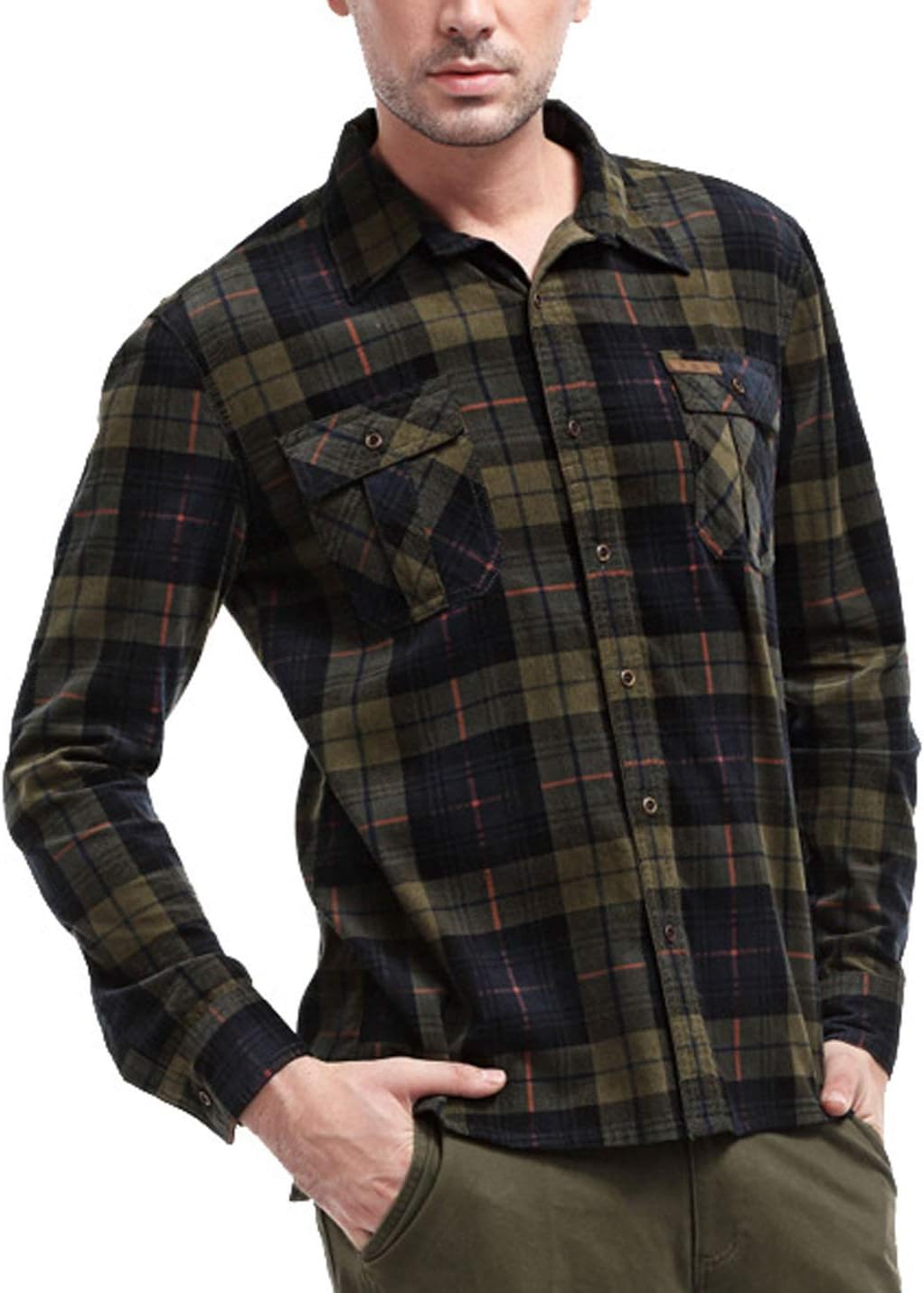 Flygo Men's Casual Long Sleeve Flannel Cotton Plaid Button Down Shirt Jacket (Large, Green Plaid)