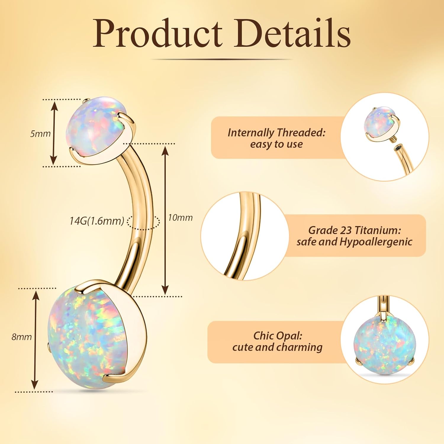 PEAKLINK Opal Belly Button Ring 10mm 14G Belly Jewelry Titanium Navel Ring Internally Threaded Belly Barbell Navel Jewelry Navel Belly Piercing Jewelry for Women - Image 3