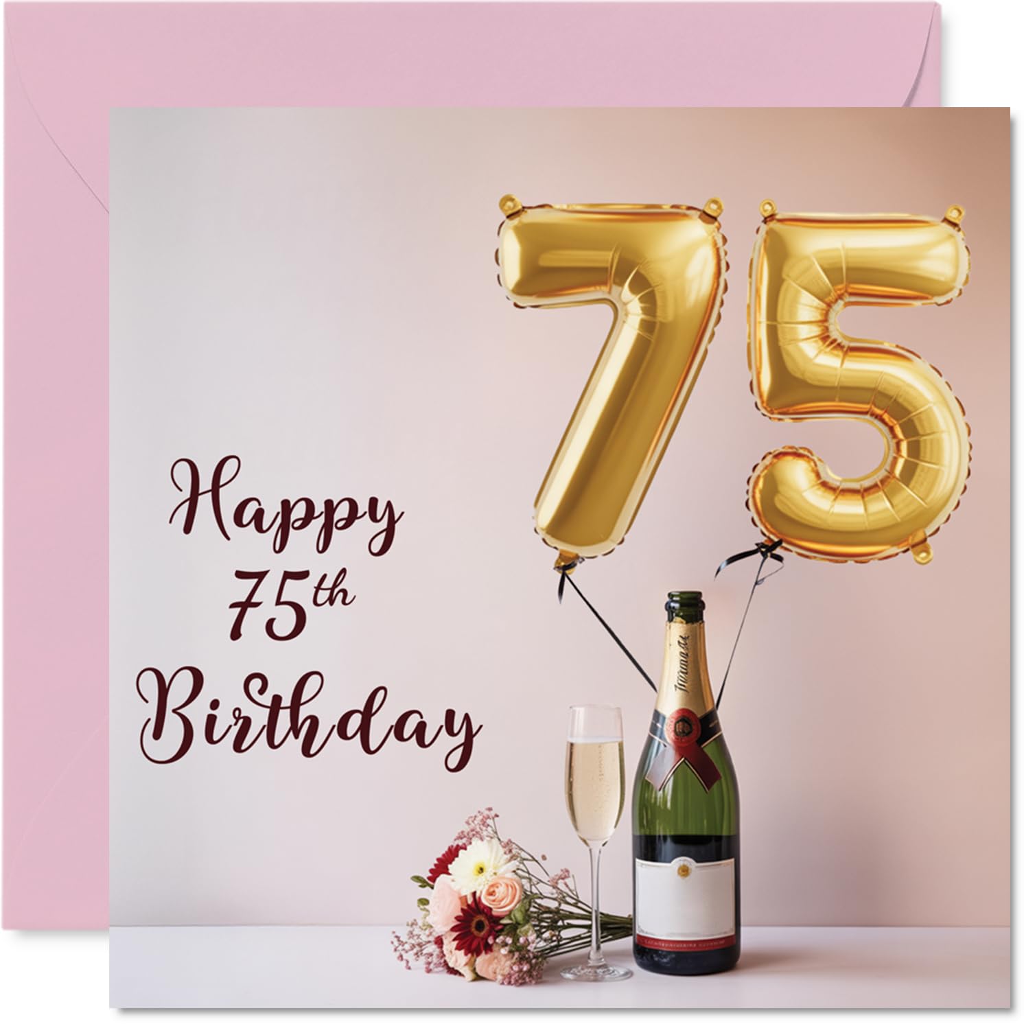 75th Birthday Cards for Women and Men, Balloons & A Bottle of Bubbly
