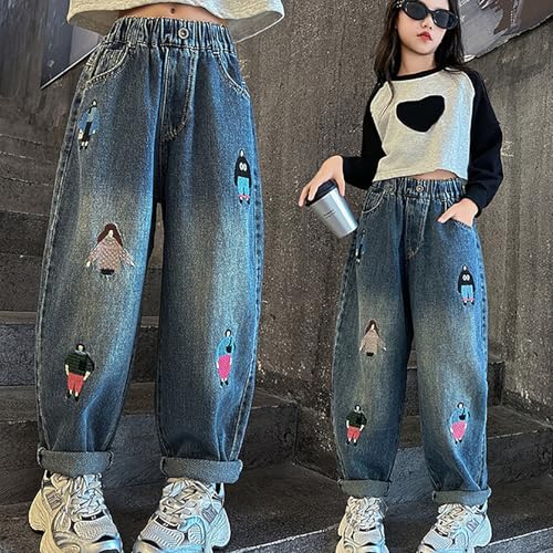 Girls Plus Size Jeans Cute Back to School Clothes Teen Girls Baggy Embroidery Graphic Trousers High Waist Denim Pants3