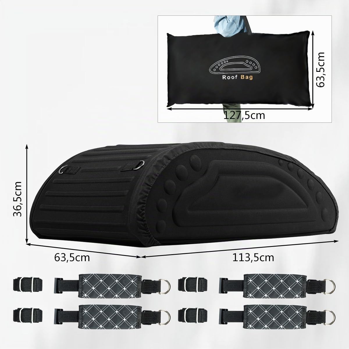SOARS Box Tetto Auto 400L, 113,5 X 63,5 X 36,5 CM, Portapacchi Auto Tetto Impermeabile con Cinghie di Trasporto & Borsa di Trasporto, per Auto, Furgoni, SUV (Nero)