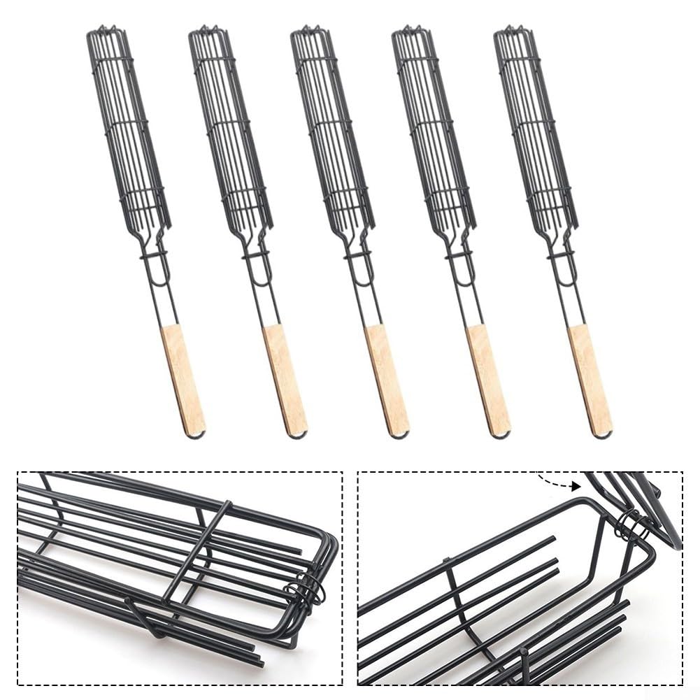 Lot de 5 paniers de barbecue avec poignées en bois, cages en maille robuste pour saucisses, viande et légumes