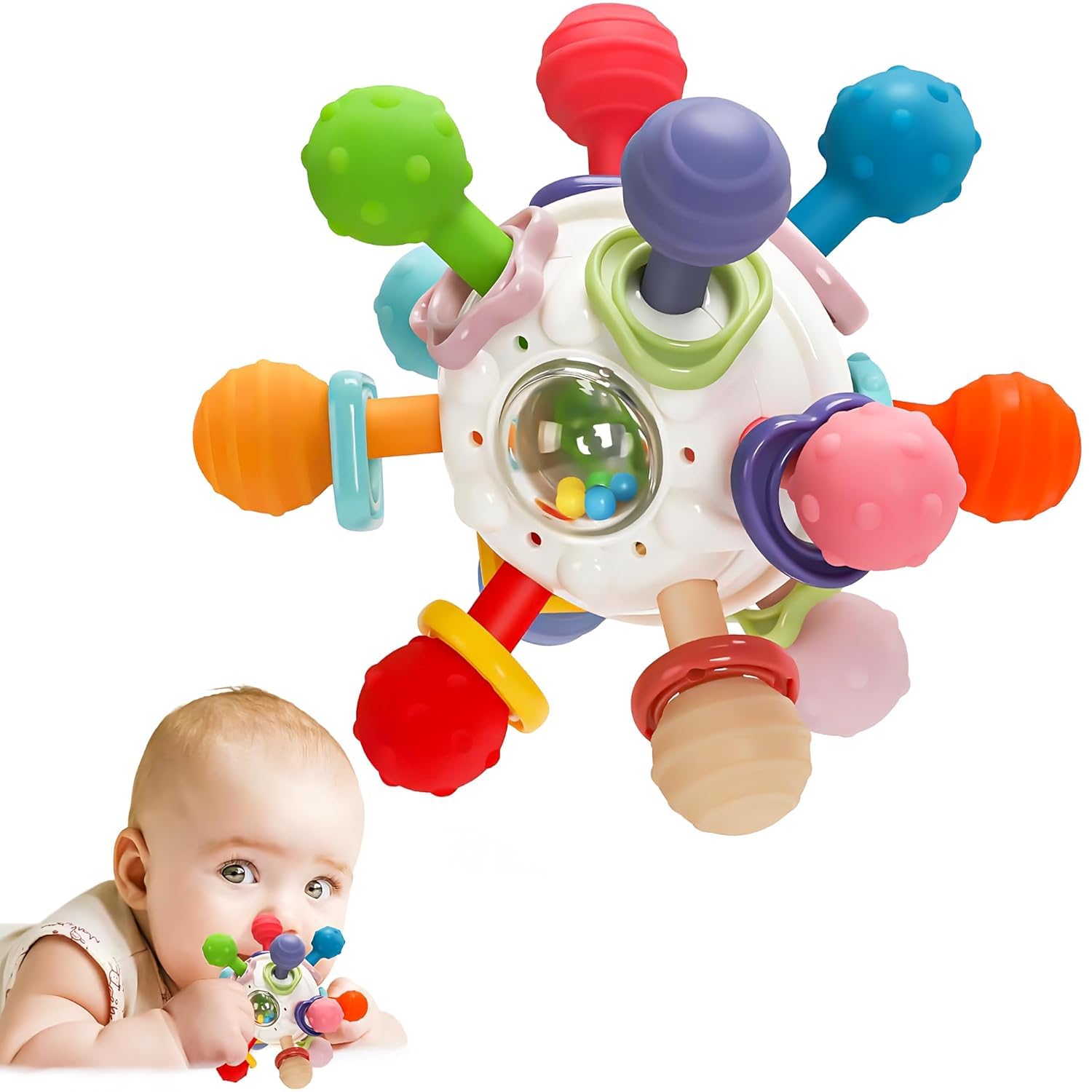 PB Prime Brands Silicone Baby Teether Ball Toy, BPA-Free Sensory Teething Toy for 3+ Months, Soft Chewable Textured Teether with Rattle, Colorful Grasping & Development Toy for Infants and Toddlers (White)