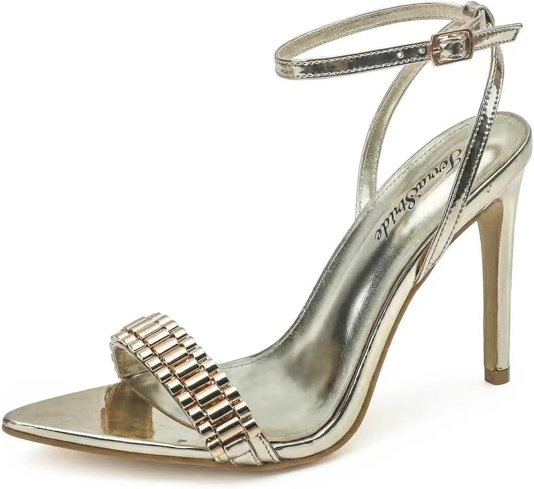 TerraStride Women's Pointed Toe Stiletto Heels - 4.1" Patent Leather Ankle Strap Sandals with Watch-Link Metal Vamp for Party