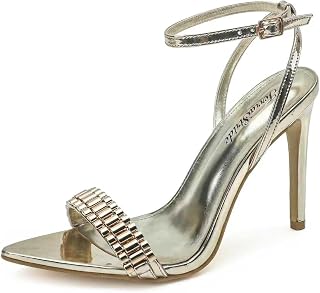 TerraStride Women's Pointed Toe Stiletto Heels - 4.1" Patent Leather Ankle Strap Sandals with Watch-Link Metal Vamp for Party