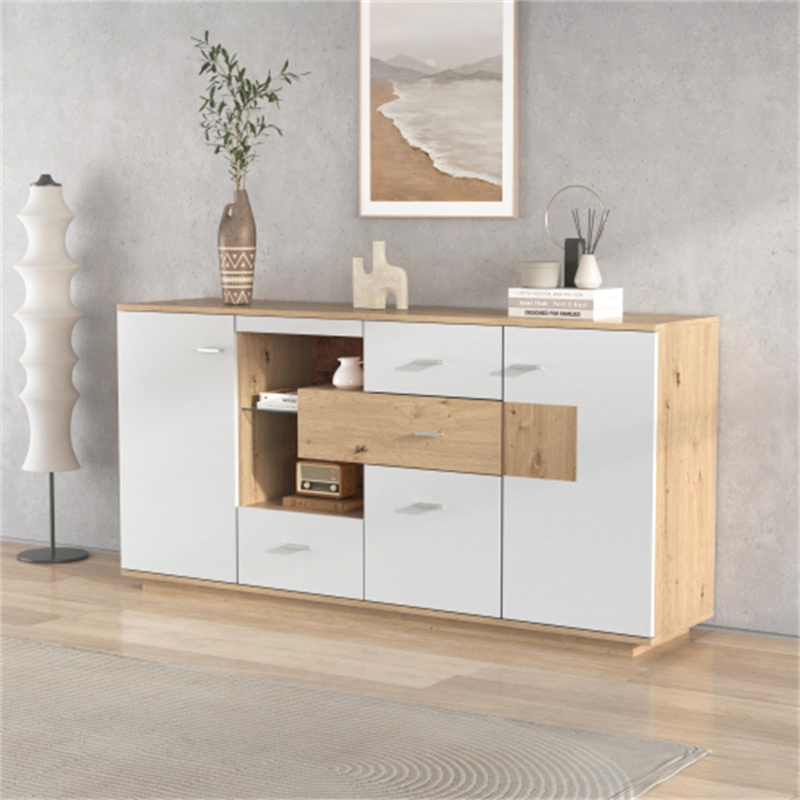 Credenza Moderna Illuminata A Led Con Ampio Spazio Per Riporre Gli Oggetti - Finitura Con Venature Del Legno Bianco - 160x40x77 Cm - 2 Ante, 4 Cassetti, Ripiano In Vetro - Mobili Versatili Per Il Sogg