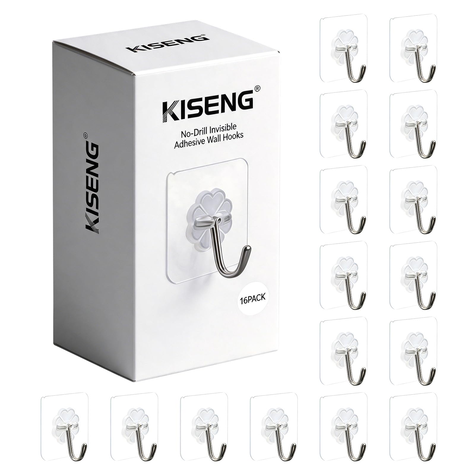16 Pack Crystal Clear Adhesive Hooks for Hanging, Heavy Duty 22lb | Sticky Hooks, Invisible Clear Wall Hooks No Drill No Damage, Waterproof Shower Hooks for Bathroom Kitchen Towel Keys