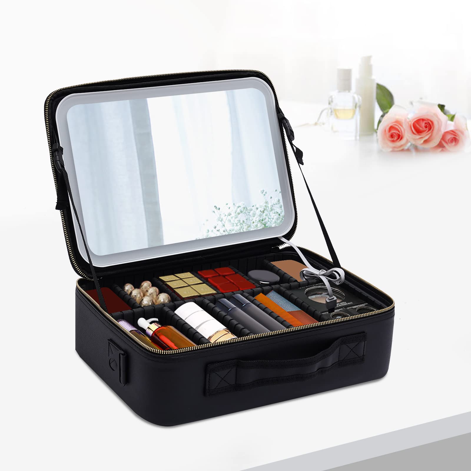 Reise-Makeup-Tasche,Kosmetiktasche Make up Organizer Tasche,3 Farbe Modi einstellbare Helligkeit, wasserdicht PU Leder Makeup Reisekoffer Makeup Zug Tasche,mit Spiegel Tragbar,Schwarz