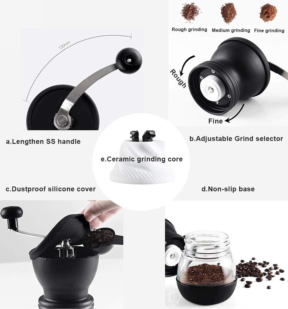 Premium Manual Coffee Grinder with Ceramic Burr, Glass Seal Pot, and 2-in-1 Spoon Brush - Adjustable Grind Size for Freshly Ground Coffee Every Time, Black