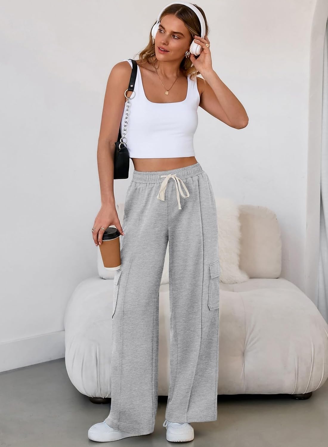 Aleumdr Women's Wide Leg Cargo Sweatpants Casual Loose Pants Drawstring High Waisted Baggy Lounge Pants with Pockets - Image 7