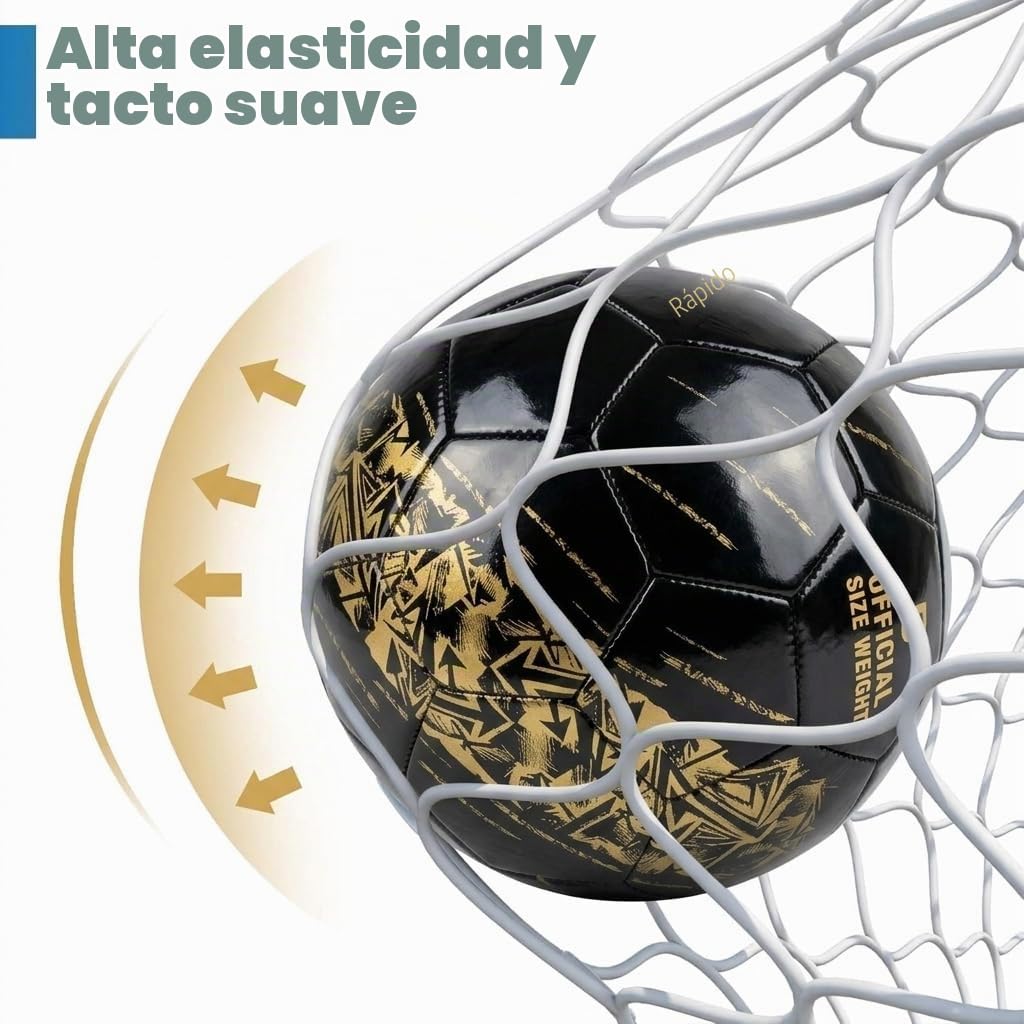 Balón de fútbol tamaño 5, piel sintética, para interiores y exteriores, para jóvenes y adultos, fútbol negro con estampado dorado