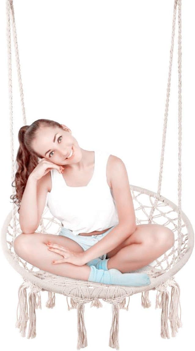 Caromy Hammock Chair Macrame Swing, Hanging Lounge Mesh Chair Durable Cotton Rope Swing for Bedroom, Patio, Garden, Deck, Yard, Max Capacity 265 Lbs (Beige)