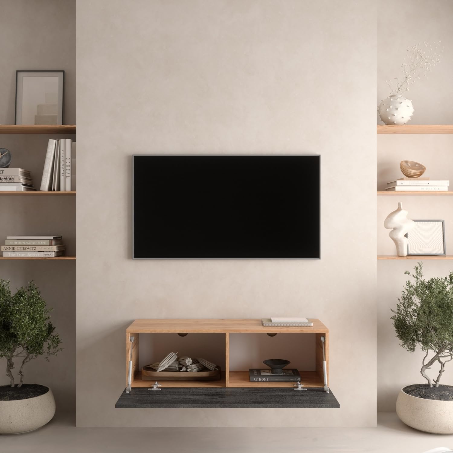 Planetmöbel Meuble TV West, Table TV 100 cm de Long, Meuble Tele Suspendu ou posé au Sol, Table Television pour Salon, Meuble TV 37,8 x 100 x 30 cm, chêne doré Noir Charcoal