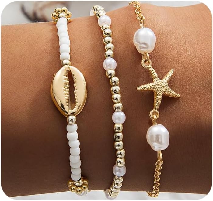 Beach Jewelry Accessories for Women,Trendy Gold Seashell Starfish Bracelet Set Charm Pearl Beaded Layered Bracelets,Boho Stackable Stretch Bracelets